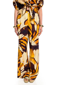 Wide leg γυναικεία παντελόνα Tropic Leaf με tropical print σε εκρού, ώχρα και σοκολατί αποχρώσεις.