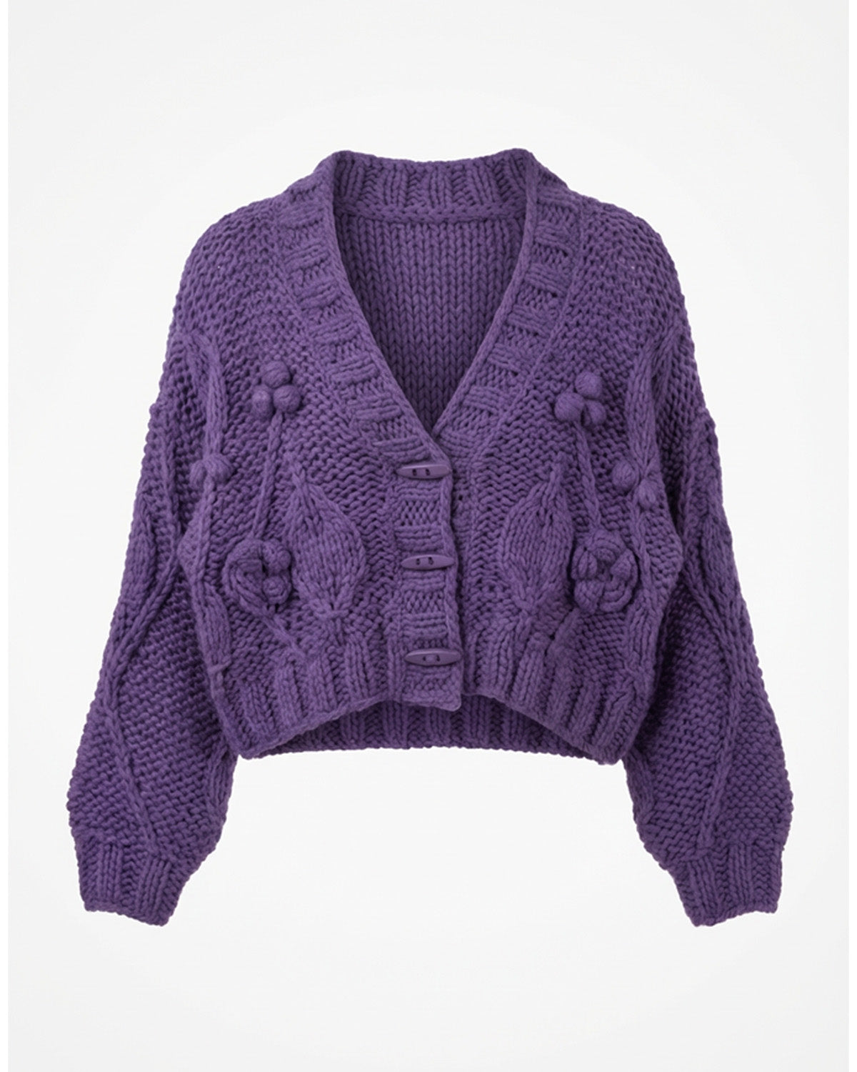 Χοντρή πλεκτή ζακέτα μωβ με ανάγλυφη πλέξη