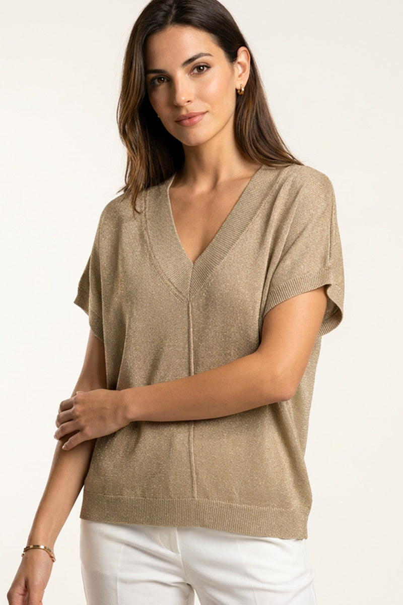 Χρυσή πλεκτή μπλούζα με V λαιμόκοψη και χαλαρή εφαρμογή