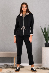 Ζακέτα DERPOULI με κουκούλα, τσέπες και κορδόνι στη μέση – Μαύρη