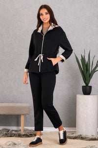 Ζακέτα DERPOULI με κουκούλα, τσέπες και κορδόνι στη μέση – Μαύρη