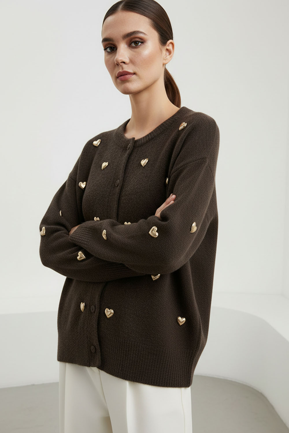 Ζακέτα καφέ με χρυσές καρδιές
