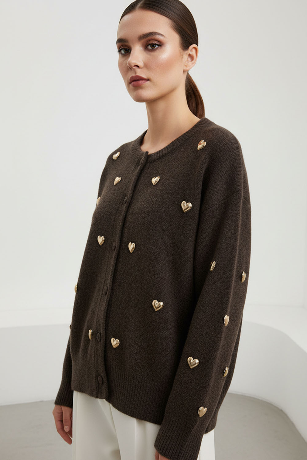 Ζακέτα καφέ με χρυσές καρδιές